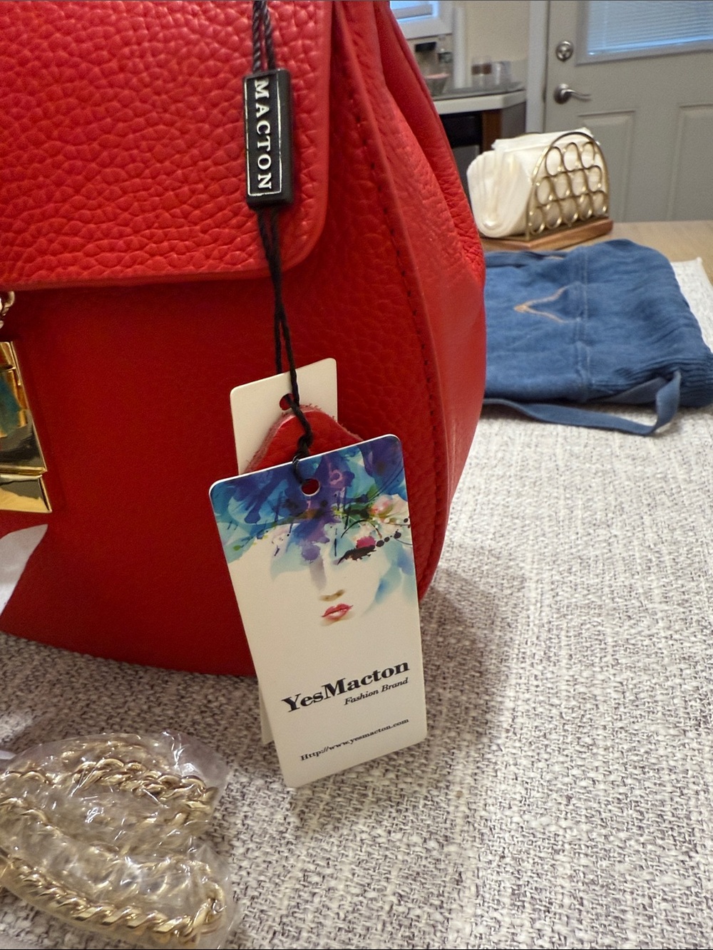 Red Leather Crossbody Bag with Gold Hardware - - Picture 3 of 8